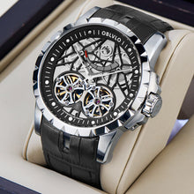 Cargar imagen en el visor de la galería, OBLVLO de lujo transparente hueco hombres esqueleto reloj automático Tourbillon mecánico de piel de becerro reloj de zafiro RM-E
