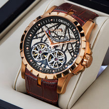 Cargar imagen en el visor de la galería, OBLVLO de lujo transparente hueco hombres esqueleto reloj automático Tourbillon mecánico de piel de becerro reloj de zafiro RM-E