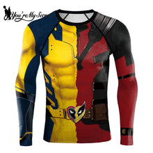 Charger l&#39;image dans la galerie, Disfraz de superhéroe para entrenamiento de manga larga, camiseta de compresión para cosplay de Deadpool y Wolverine, camiseta de fitness para gimnasio para hombre
